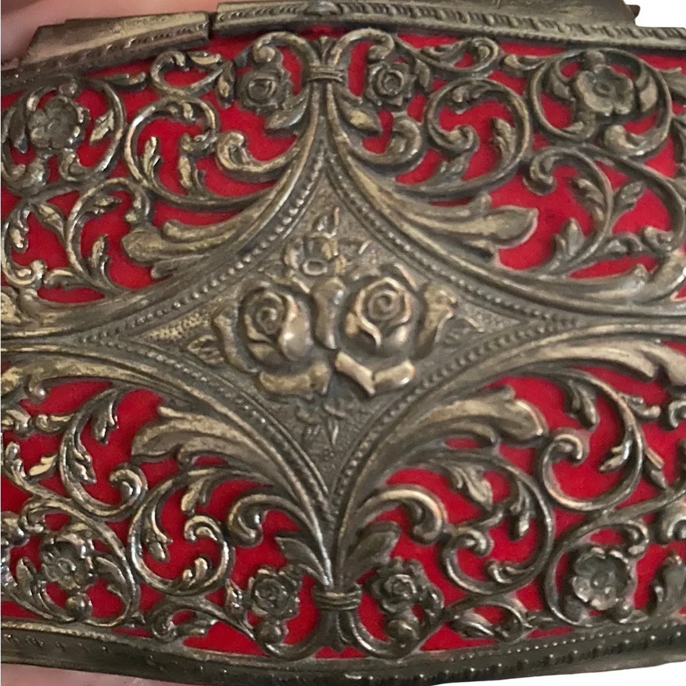 Vintage Pedestal Trinket Box Silver Red Metal Ring Hinged Jewelry Vanity Display